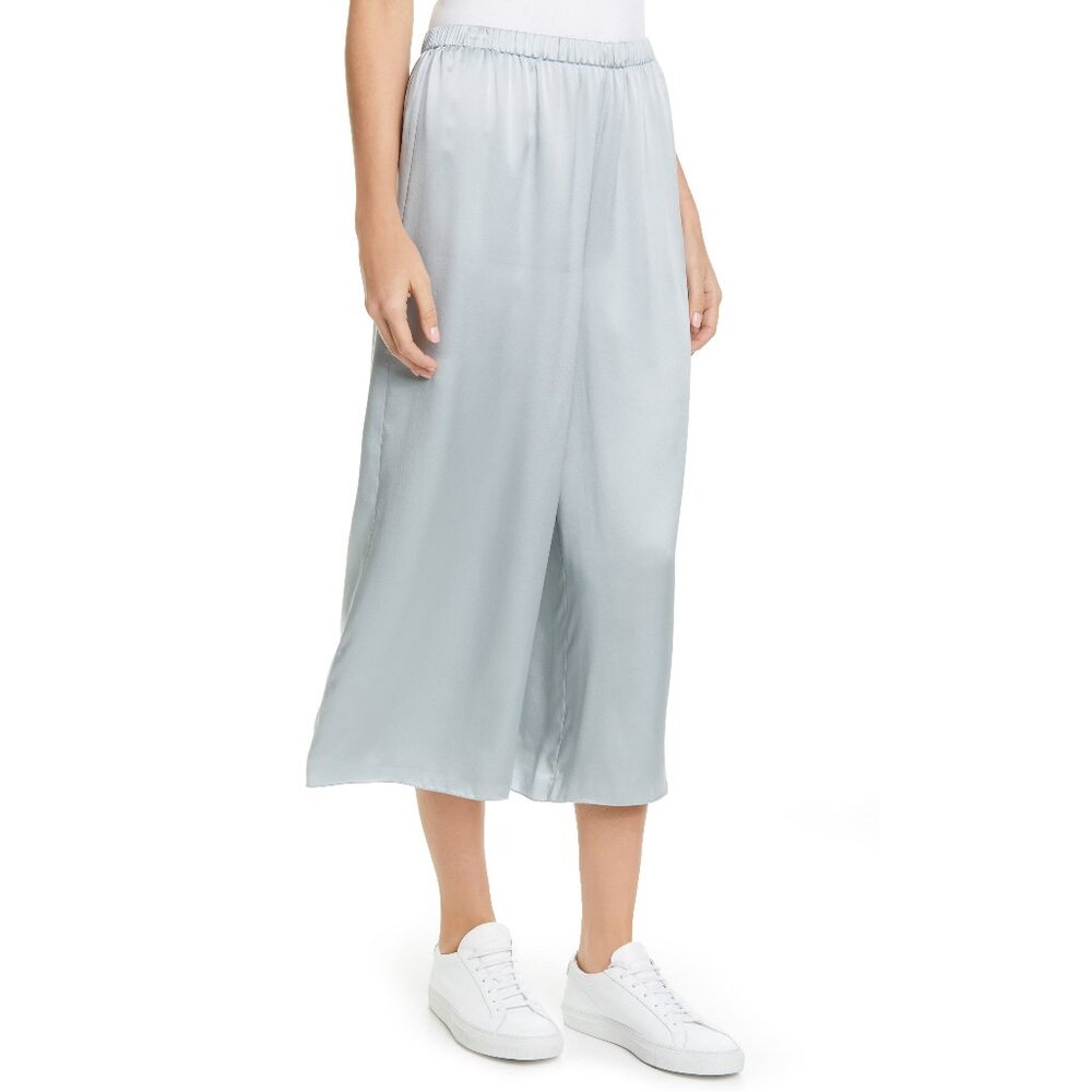 NWT Theory Silk Wide-Leg Cropped Elasticated Waistband Pants, Mist Blue, Small